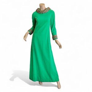 1960s Vibrant Green Velvet Beaded Maxi Dress * Custom Made